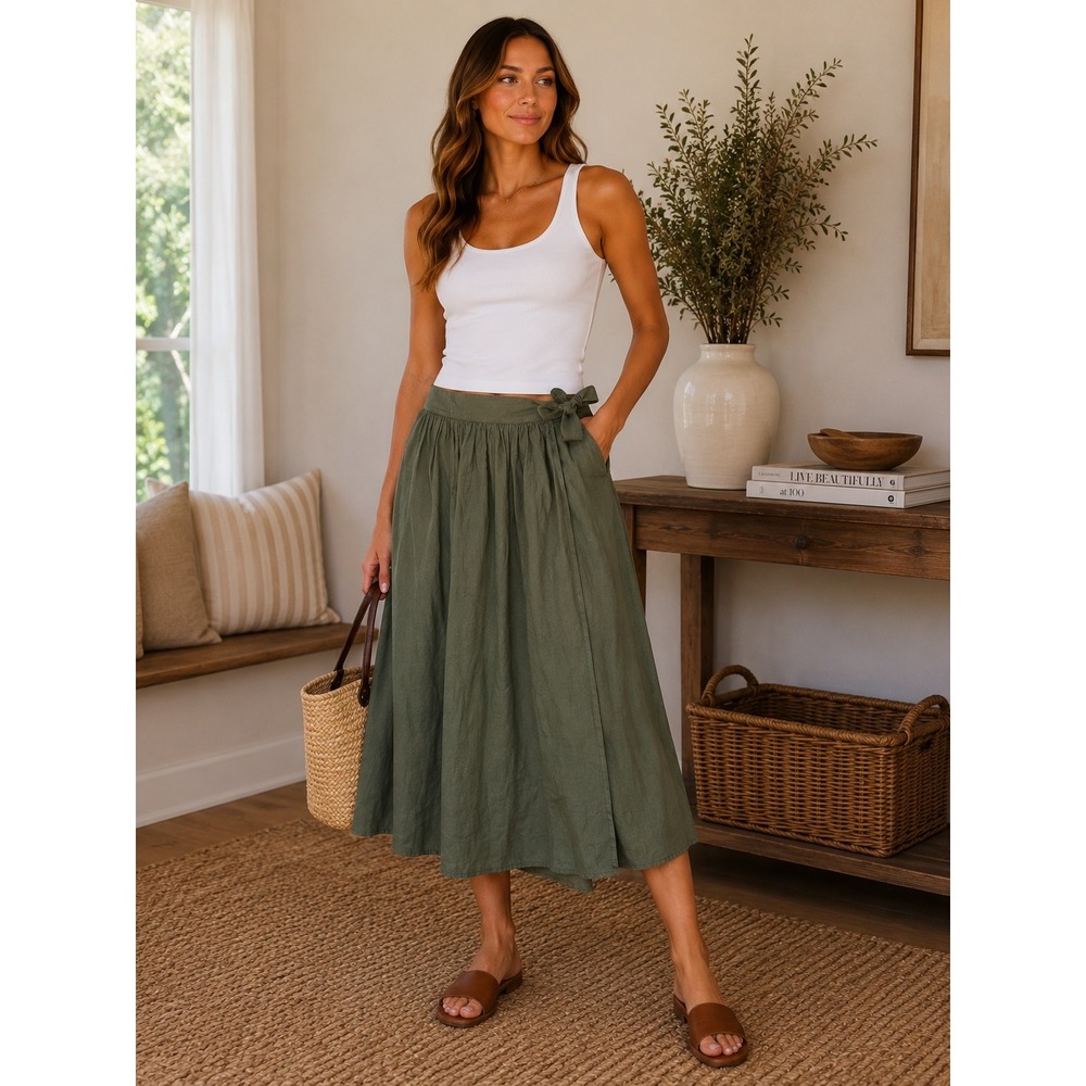 NIU Skirt Womens Small Green Linen Boho Coastal Cottagecore